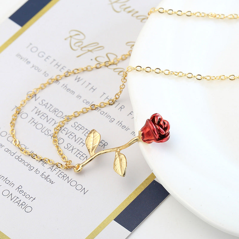 Creative Drop Red Rose Flower Pendant Necklace for Girlfriend